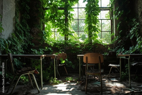 A room featuring a large collection of chairs arranged neatly throughout, An abandoned classroom being overtaken by nature, with vines and leaves repurposing the furniture, AI Generated