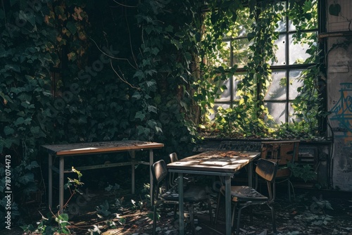 Table and Two Chairs in Front of a Window, An abandoned classroom being overtaken by nature, with vines and leaves repurposing the furniture, AI Generated