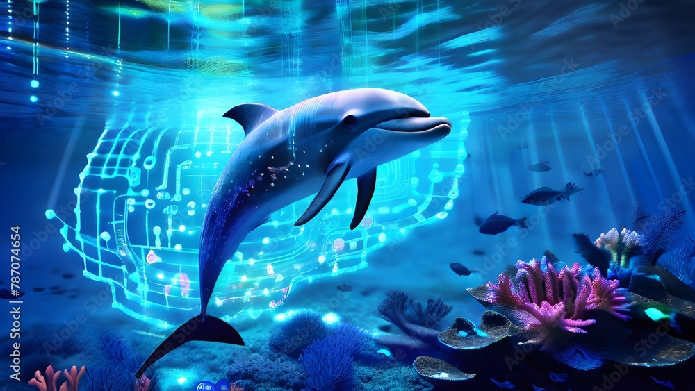 Fototapeta premium underwater landscape with data streams flowing like waves and bioluminescent creatures