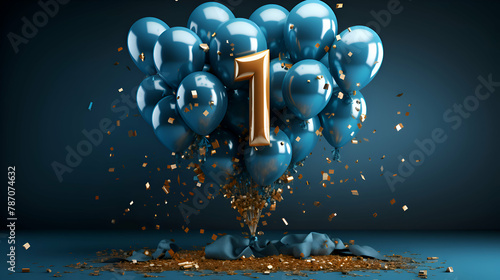 Number 1 gold balloon with confetti on blue background. 3D Render photo