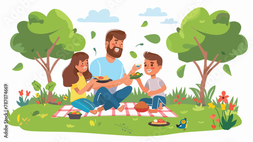Happy family enjoying a picnic in a park. Mod dad son