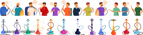 Man smoking hookah icons set cartoon vector. Tobacco lounge. Bar shisha relax