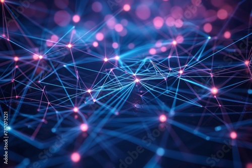 This photo showcases a vibrant blue and pink background featuring intersecting lines and scattered dots  An abstract interpretation of data transfer in a network  AI Generated