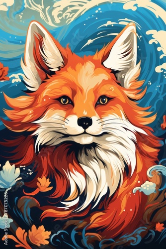 A vivid painting depicting a mischievous kitsune, a fox with multiple tails, diving into the water. The foxs playful action is captured in vibrant colors, showcasing its agility and grace