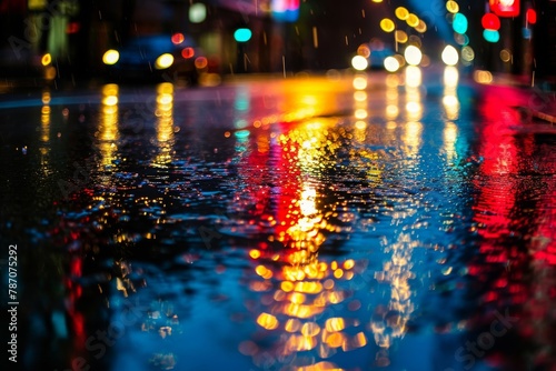 A bustling wet street glistens under the glow of numerous lights, creating a vibrant and lively urban scene, An abstract perspective of city lights reflecting off of a late night rain, AI Generated