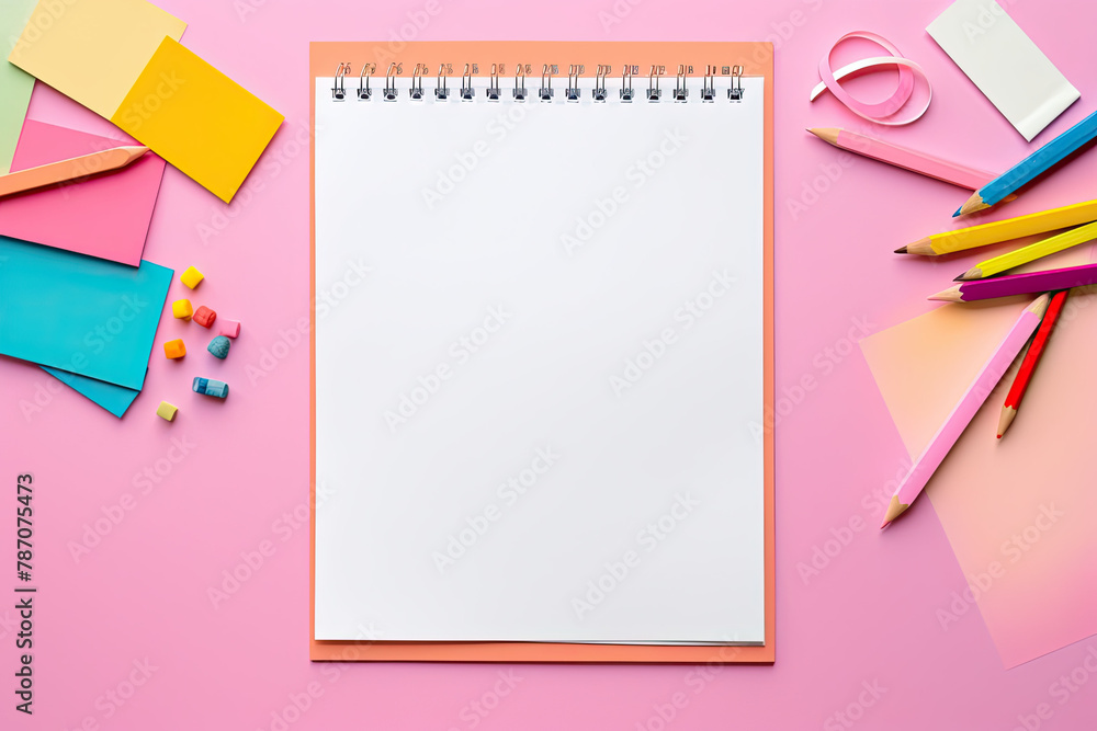 white notepad sheet on a pink background. Back to school, school supplies, top view. High quality photo white notepad sheet on a pink background. Back to school, school supplies, top view. High quality photo