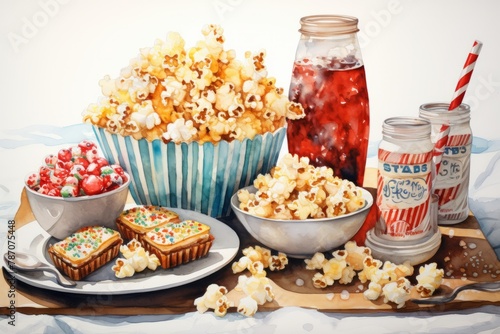 A movie night pajama party with popcorn and snacks