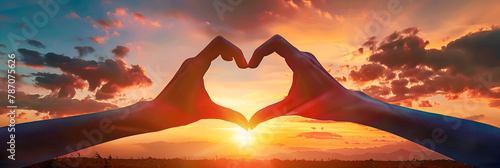 Silhouette Hands in shape of love heart at sunset or sunrise, Hands Make Heart Shape On Sunset Sky. 