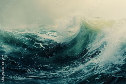 This photo captures the essence of a painting depicting a powerful and majestic wave crashing in the ocean, An abstract representation of a wave breaking in the sea, AI Generated