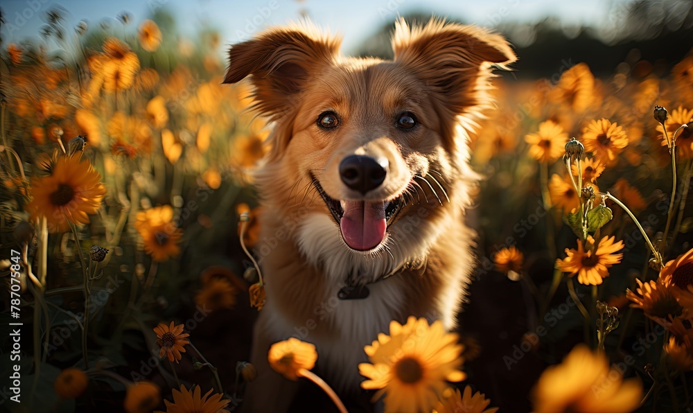 Dog Standing in Yellow Flower Field