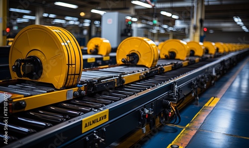 Conveyor Belt Moving Yellow Reels in Factory