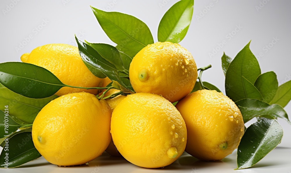 Pile of Lemons With Green Leaves on White Background