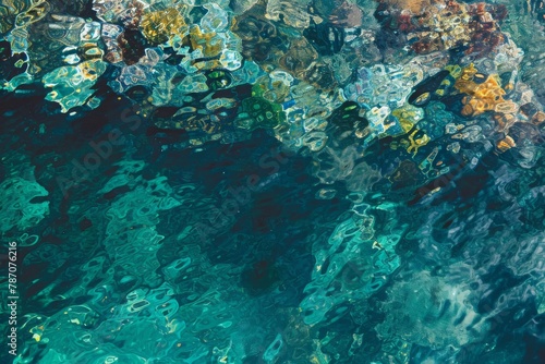 This photo captures a body of water filled with a multitude of bubbles, creating a dynamic and visually interesting scene, An abstraction of a coral reef under clear turquoise waters, AI Generated