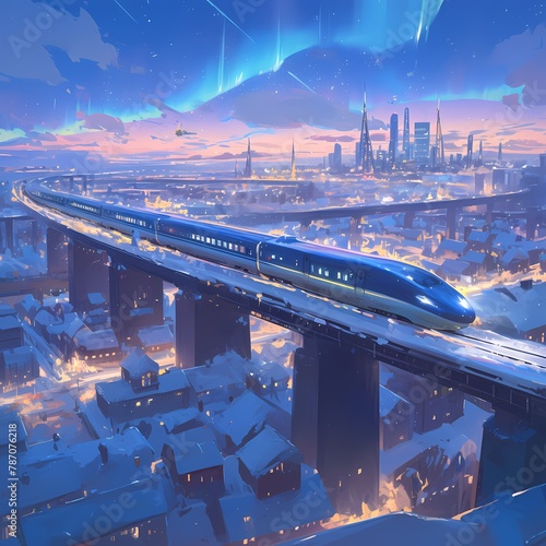 High-Speed Rail System Cruising Through Advanced Urban Environment with Neon Lights and Astonishing Architecture