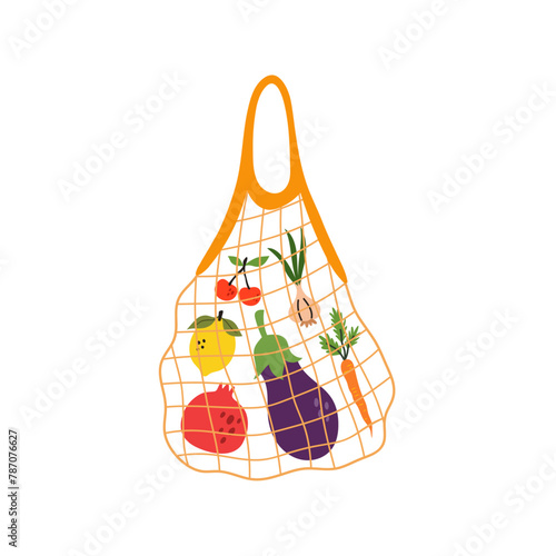 Illustration of mesh bag with different products. Eco bag with fruits, supermarket products © Myurenn