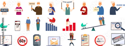 Social problem aging society icons set cartoon vector. Low birth. State natality
