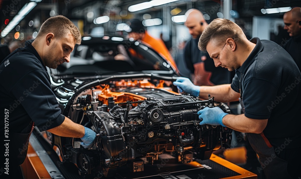 Two Men Repairing Car in Factory Two Men Repairing Car in Factory