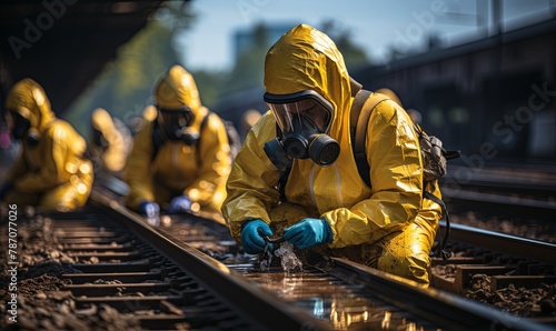 Team of People in Yellow Suits and Gas Masks