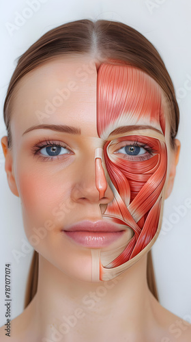 Frontal view of a smiling beautiful European woman, half of her face showing internal muscles anatomy photo