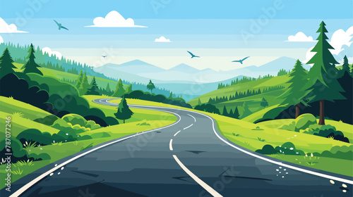 Highway in forest vector landscape. Cartoon road trip