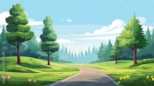 Highway in forest vector landscape. Cartoon road trip