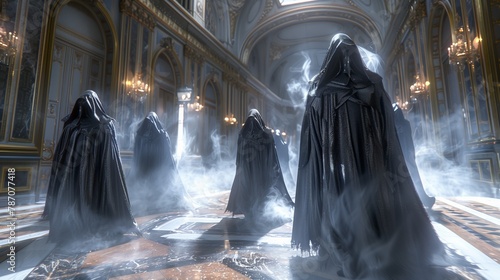 A group of electric blue ghosts in black cloaks haunt a dark hallway