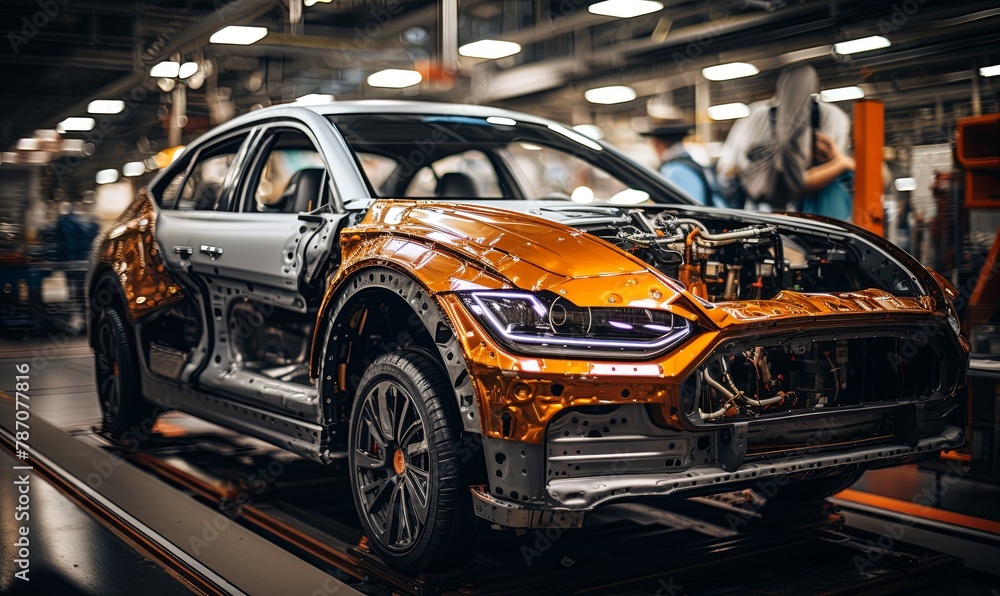 Orange Car on Automobile Assembly Line Orange Car on Automobile Assembly Line