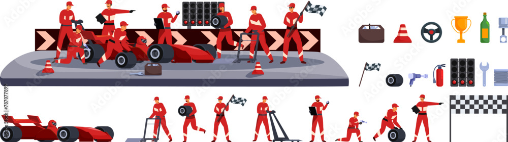 Φωτογραφία Racing car pit stop icons set cartoon vector