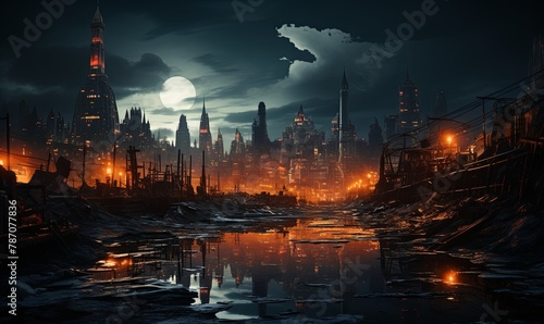 Dark Cityscape With Full Moon