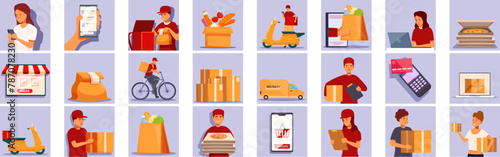 Ordering products home icons set cartoon vector. Mobile user. App fresh food