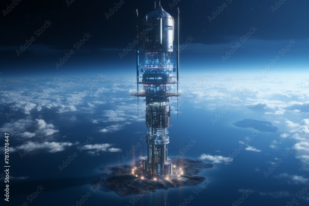 A very tall building stands in the middle of the ocean, towering above the water. The structure appears to be isolated, surrounded only by the vast expanse of the sea