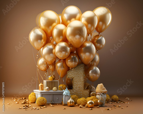 3d render of golden number 1 with golden balloons. cake and christmas decorations © Wazir Design