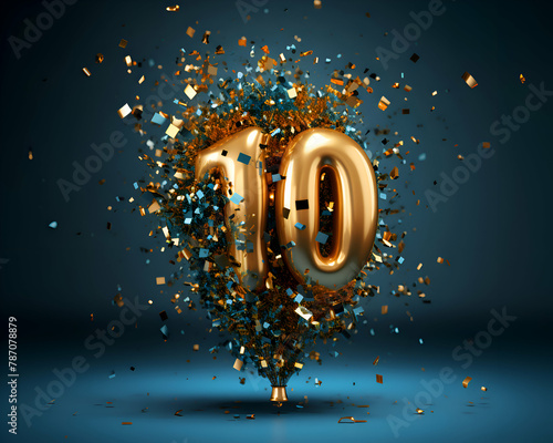 Number 10 made of golden confetti. 3D render isolated on dark background