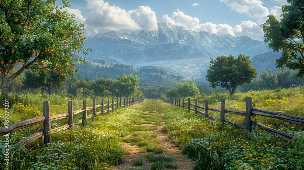 Wooden fence, fruit trees in the distance, mountains, generative AI.