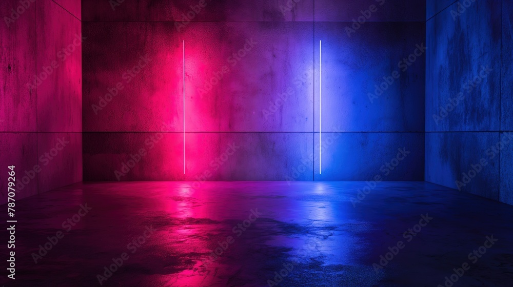 Background of an empty room with brick walls and neon lights, laser lines and multi-colored smoke Background of an empty room with brick walls and neon lights, laser lines and multi-colored smoke