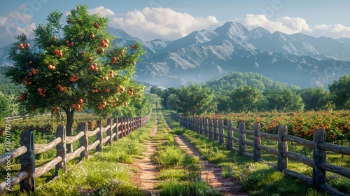 Wooden fence, fruit trees in the distance, mountains, generative AI.