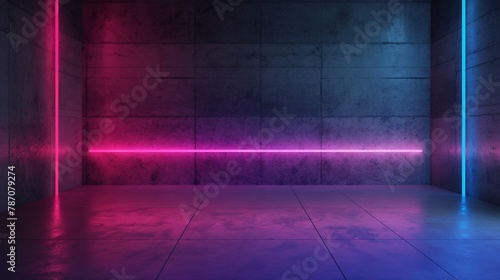 Background of an empty room with brick walls and neon lights, laser lines and multi-colored