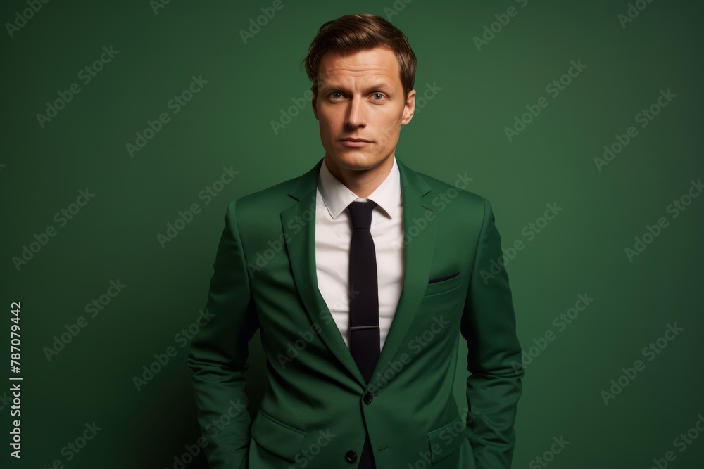 Portrait of a glad man in his 30s wearing a professional suit jacket isolated on soft green background Portrait of a glad man in his 30s wearing a professional suit jacket isolated on soft green background