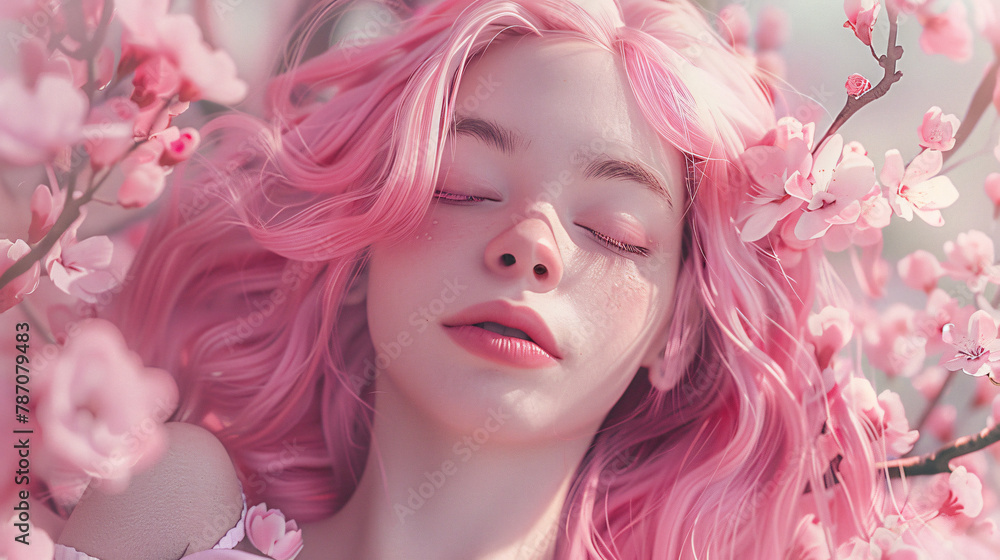 Girl with pink hair by blooming tree