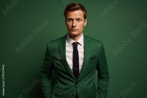 Portrait of a glad man in his 30s wearing a professional suit jacket isolated on soft green background