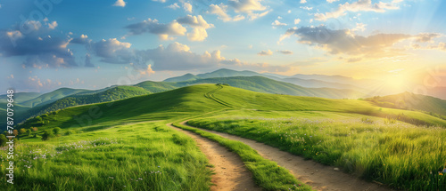 Lush Green Hills with Winding Dirt Road at Sunset. Landscape wallpaper. Generative AI