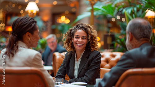 mujer de negocios que participa en reuniones informales o conversaciones con colegas o clientes en el vestíbulo del hotel.  photo