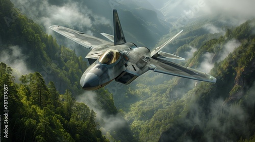 A fighter aircraft is soaring above a mountain range in the clouds