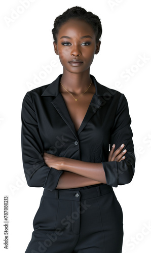 Woman, African businesswoman with a sober smile, formal wear, confidence, successful, with her arms crossed Isolated on transparent white background