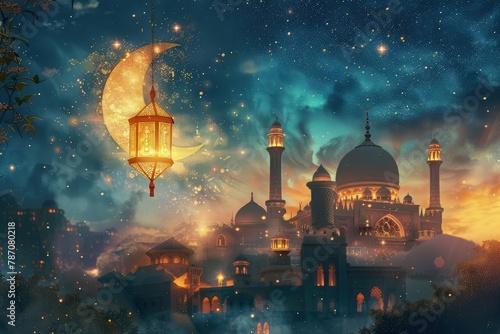 A glowing moon and glowing lantern set against a lamaic transmutation backdrop, with a shinny background and a mosque in the distance, blending spiritual elements for a serene atmosphere. photo