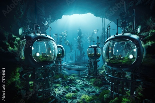 A high-tech underwater monitoring station for submarine fiber optic cables, with futuristic gadgets and screens © Pungu x