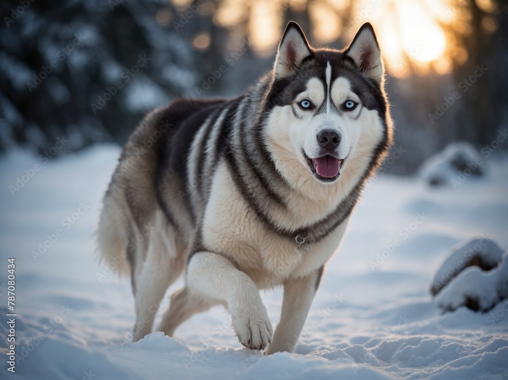 Siberian husky seen traversing snowy landscape, leaving behind trail of paw prints. Backdrop filled with trees, their branches laden with snow, creating serene winter scene.