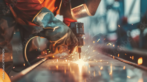 A man in a blue jumpsuit is working with a welding torch. Concept of danger and risk, as the sparks and heat from the torch can cause serious injury if not handled properly photo