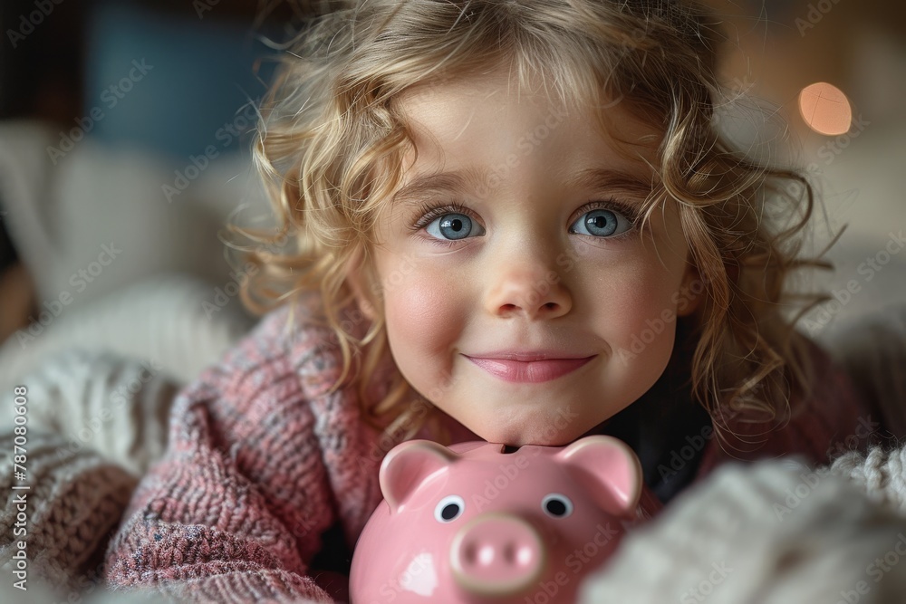 A young girl with curly hair and a pink piggy bank, sharp focus on the face, warm indoor lighting A young girl with curly hair and a pink piggy bank, sharp focus on the face, warm indoor lighting