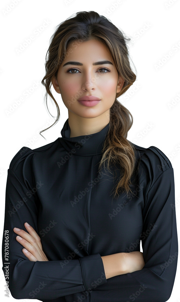 Woman, businesswoman with a sober smile, formal wear, confidence, successful, with her arms crossed Isolated on transparent white background Woman, businesswoman with a sober smile, formal wear, confidence, successful, with her arms crossed Isolated on transparent white background